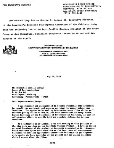 George C. Werner, III, Executive Director of EDC: Letter to Representative Camille George regarding subpoenas