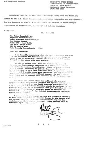 Letter to U.S. Small Business Administration regarding disaster loans in Westmoreland, Allegheny and Indiana Counties