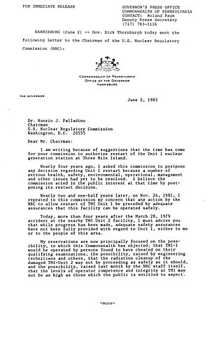 Letter to Dr. Nunzio J. Palladino, U.S. NRC Chairman,