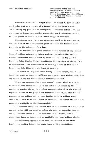 Budget Secretary Robert Bittenbender: welfare reform,