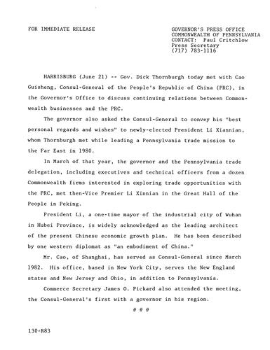 Meets with Cao Guisheng, Consul-General of People's Republic of China