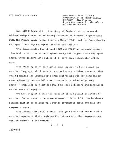Administration Secretary Murray Dickman: PSSU and PESEA contract negotiations