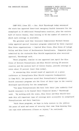 Approves lower-cost emergency health insurance for unemployed in 33 additional counties