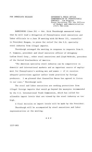 Will meet with Edwin Meese, III to press for relief for U.S. Specialty Steel Industry from illegal imports