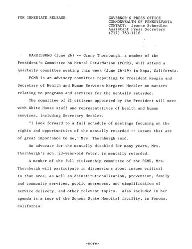 Ginny Thornburgh will attend President's Committee on Mental Retardation quarterly meeting
