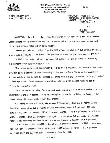 1982 Uniform Crime Report shows decrease in the number of reported crimes in PA for second consecutive year