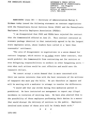 Administration Secretary Murray Dickman: PSSU and PESEA rejection of contract negotiations
