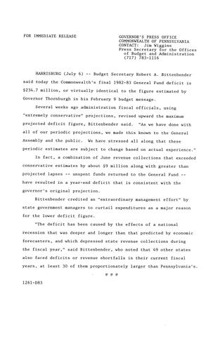 Budget Secretary Robert A. Bittenbender: General Fund deficit $234.7 million, identical to Thornburgh estimate