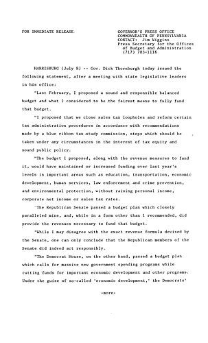 Makes remarks after meeting of State Legislative leaders regarding balanced budget,