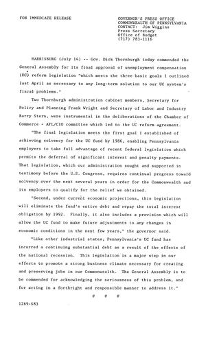 Commends General Assembly regarding unemployment compensation reform legislation,