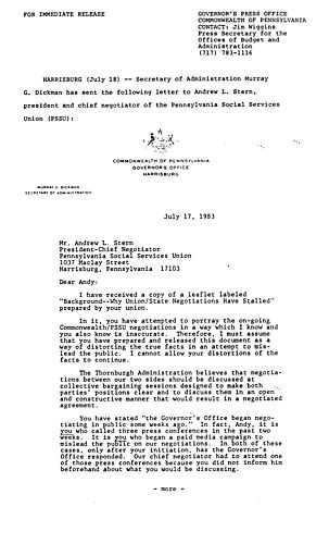 Secretary of Administration Murray G. Dickman: Letter to Andrew L. Stern (PSSU)