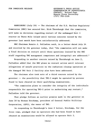 NRC letter on issues regarding restart of Three Mile Island (TMI) Unit 1