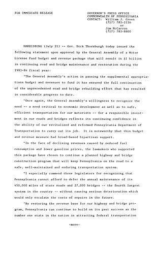 Remarks: on the approval by the General Assembly of Motor License Fund budget and revenue package