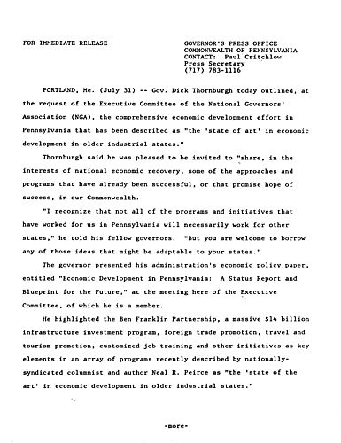 Outlines economic development effort in PA to Executive Committee of National Governors Association (NGA),