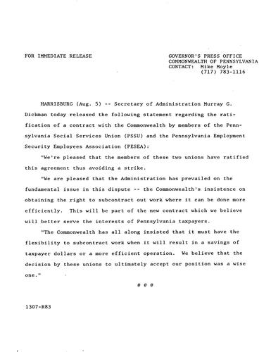 Administration Secretary Murray Dickman: PSSU and PESEA contract ratification,