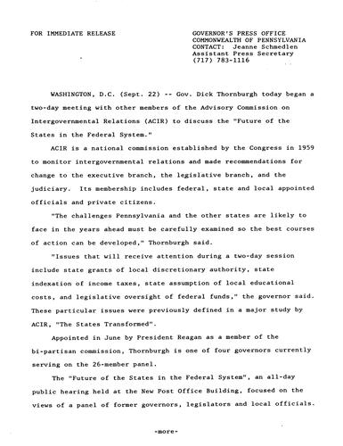 Advisory Commission on Intergovernmental Relations two-day meeting to discuss "Future of the States in the Federal System"