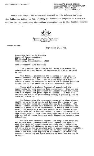 Jay C. Waldman letter to Representative Jeffrey E. Piccola regarding welfare demonstration in rotunda,