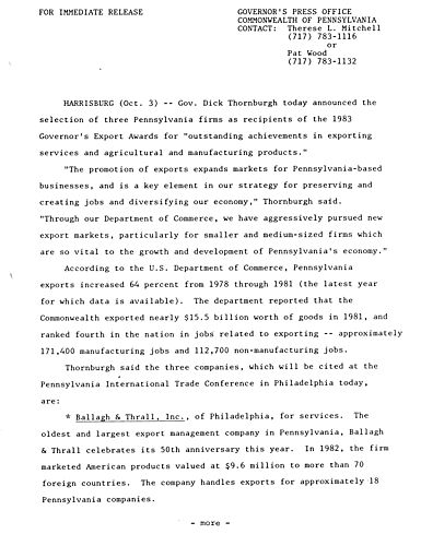 Selects 3 PA firms as recipients of 1983 Governor's Export Awards,