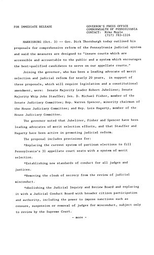 Outlines proposals for comprehensive reform of PA judicial system,
