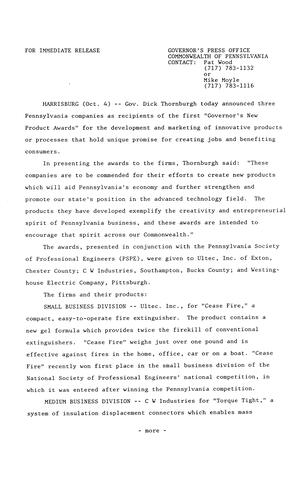 Announces 3 PA companies recipients of first "Governor's New Product Awards"