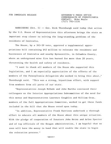 Announces U.S. House of Representatives actions regarding Centralia