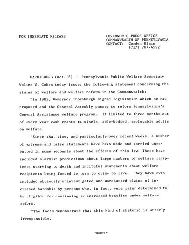 Public Welfare Secretary Walter W. Cohen: Status of welfare and welfare reform