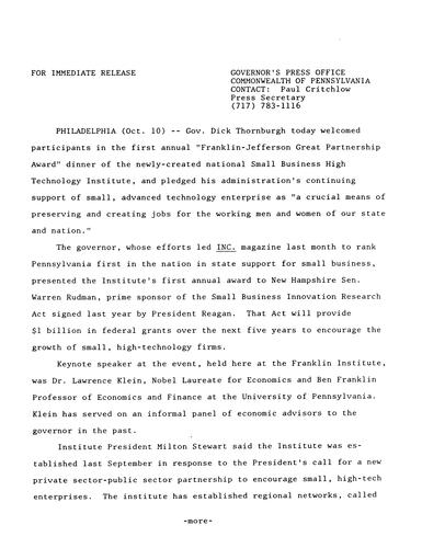 First annual "Franklin-Jefferson Great Partnership Award" dinner of new National Small Business High Technology Institute