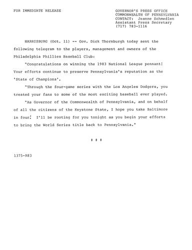 Congratulatory telegram to Philadelphia Phillies Baseball Club