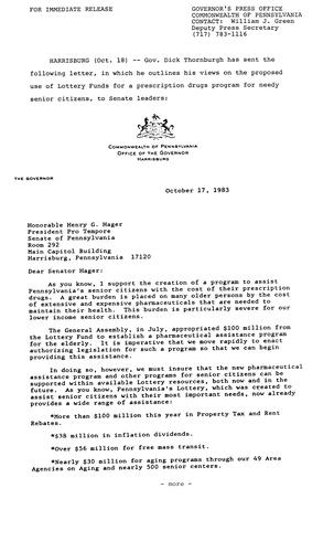 Letter to Senate Leaders regarding use of Lottery Funds for prescription drugs program for needy senior citizens