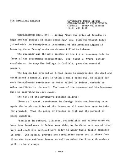 Remarks: on PA Department of the American Legion