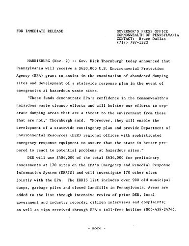 $630,000 U.S. EPA grant to assist in examination of hazardous waste sites