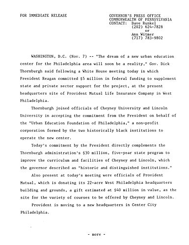 $5 million commitment from President Reagan for Philadelphia Urban Education Center