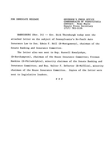 Letter to Senator Edwin F. Holl regarding PA's No-Fault Automobile Insurance Law,