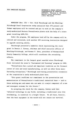Wheeling-Pittsburgh Steel Corporation will train 473 present and former employees with help of $289,733 state grant,