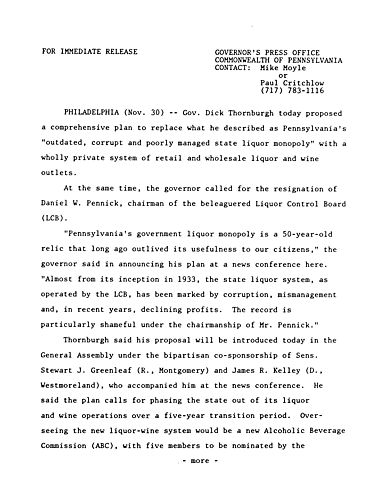Proposes plan to replace Liquor Control Board (LCB) and calls for resignation of Daniel W. Pennick, Liquor Control Board chairman,