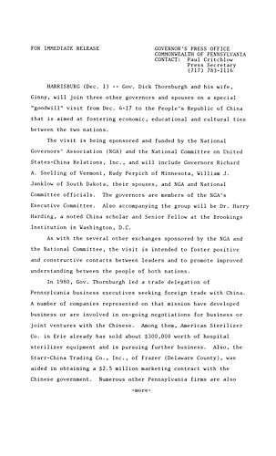 National Governors Association (NGA) and National Committee on United States-China Relations, Inc. "Goodwill" visit to People's Republic of China