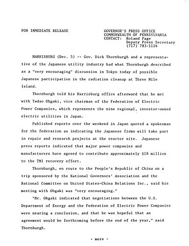 Possible Japanese participation in radiation clean-up of Three Mile Island (TMI)