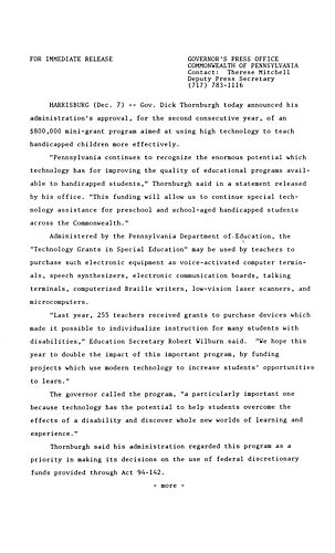 $800,000 in technology grants in special education