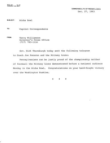 Telegram to Joe Paterno and Nittany Lions