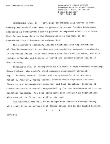 West Germany and England to pursue foreign investment prospects