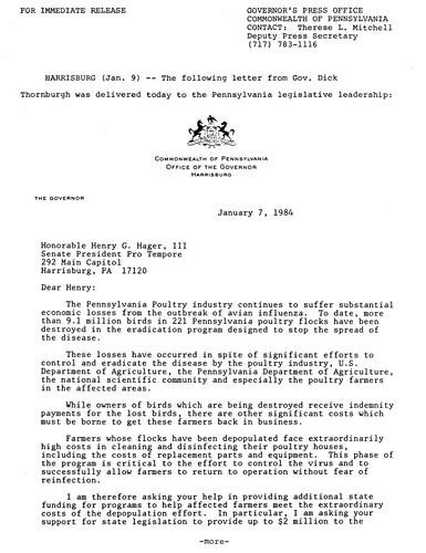 Letter to Senator Henry G. Hager, III regarding avian influenza