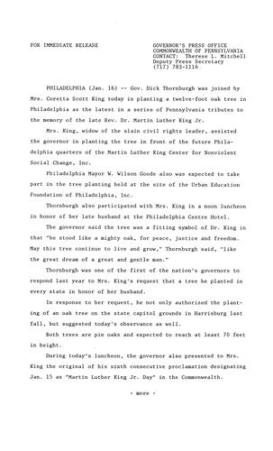 Joins Ms. Coretta Scott King in planting oak tree near future Philadelphia headquarters of Martin Luther King Center for Nonviolent Social Change, Inc.