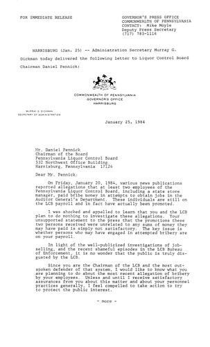Administration Secretary Murray Dickman letter to Daniel Pennick, LCB Chairman regarding employee allegations