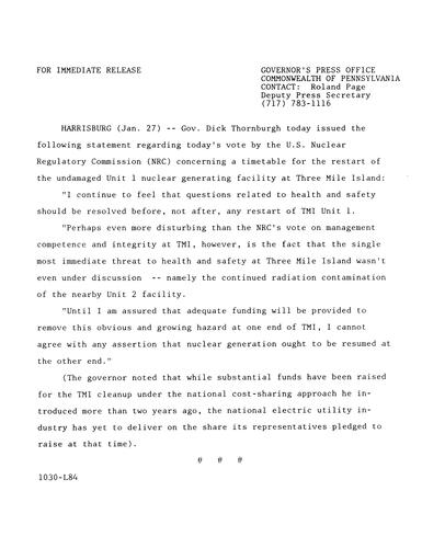 Statement: vote by U.S. NRC for restart of undamaged Three Mile Island (TMI) Unit 1
