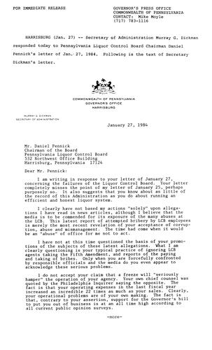 Administration Secretary Murray Dickman letter to Daniel Pennick, LCB Chairman regarding LCB failures