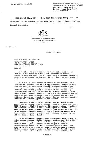 Letter to Senator Robert C. Jubelirer regarding No-Fault Legislation,