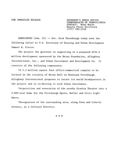 Letter to U.S. HUD Secretary Samuel R. Pierce regarding $144 million Pittsburgh development grant,
