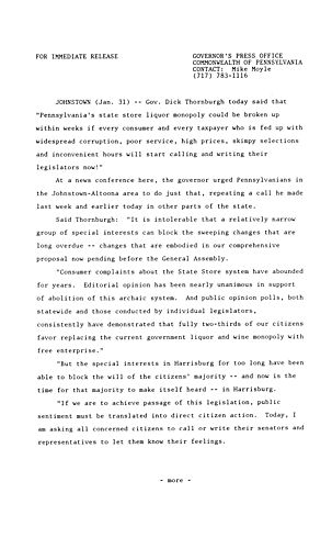 Urges Pennsylvanians to call and write their legislators regarding liquor reform in Johnstown,
