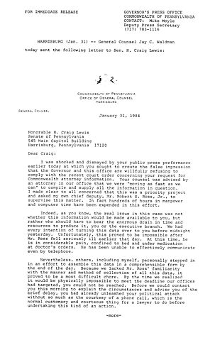 Jay C. Waldman letter to Senator Craig Lewis regarding Commonwealth attorney information,
