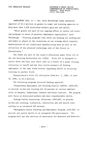 Announces grants to 8 job training agencies to help 1,200 dislocated workers gain new job skills,